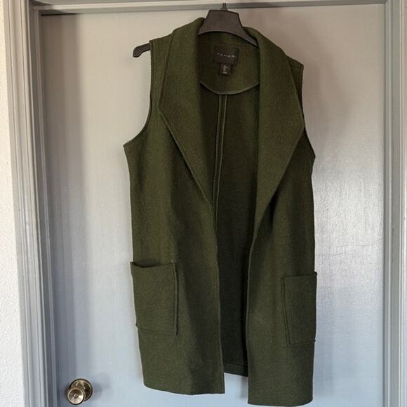Tahari Green Boiled Wool Blend Open Sleeveless Duster Vest Pockets sz Large - Picture 1 of 6
